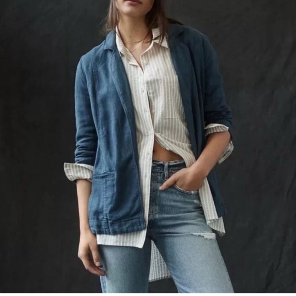 Anthropologie Blue Linen Blend Unstructured Tulip Back Blazer - SZ 2 - Picture 4 of 11